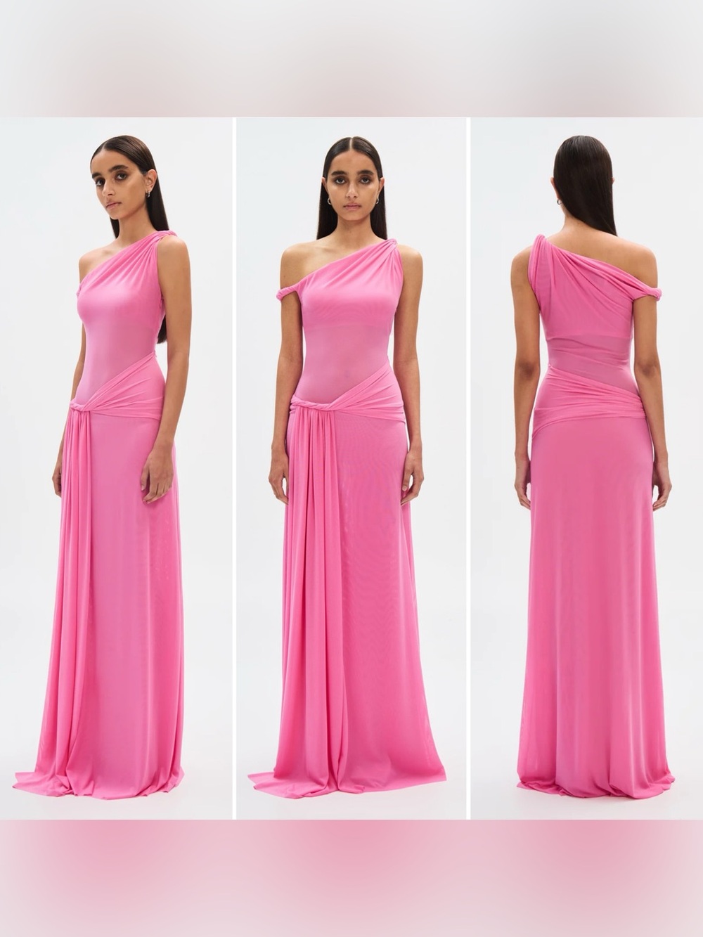 The MISHA  Sisal  One-Shoulder Hot Pink Mesh Draped Maxi Dress Gown